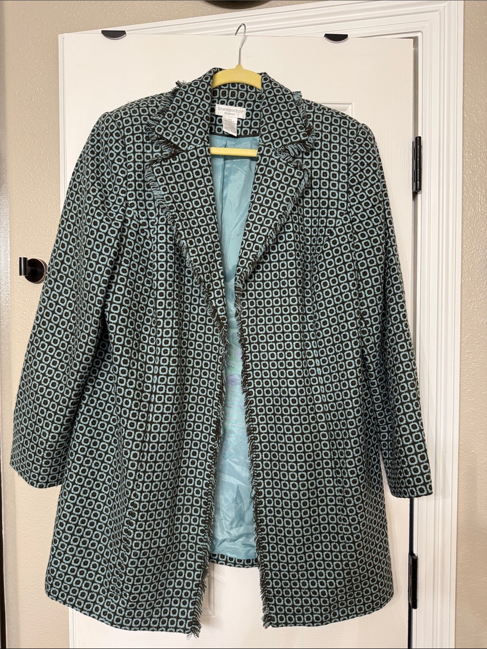 Worthington Teal Geo-Print Pea Coat jacket